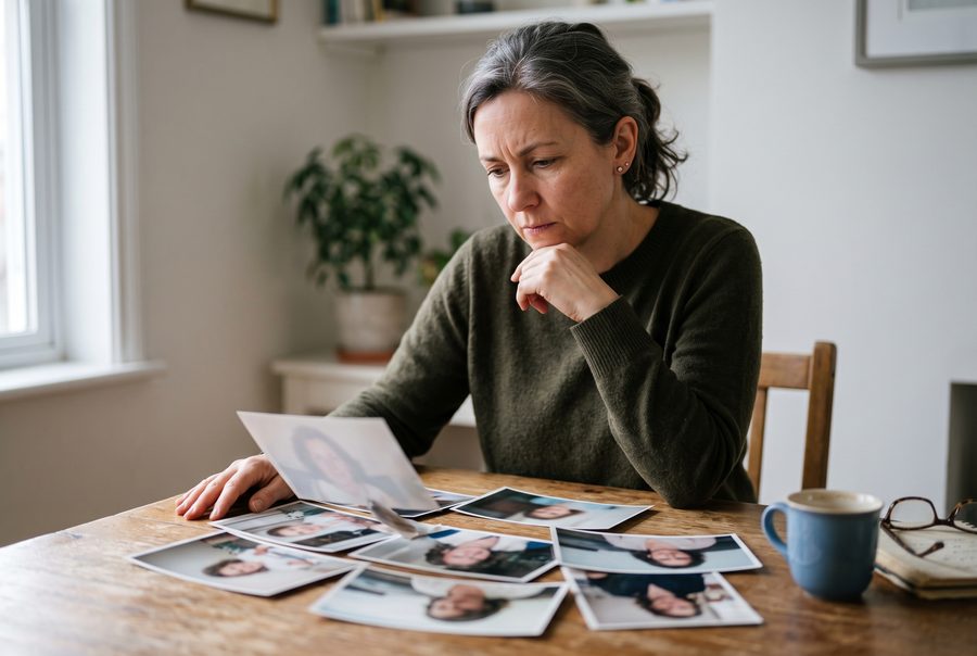Une femme observe pensivement des photographies d’elle-même étalées sur une table