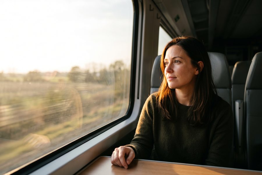 Une femme regarde pensivement le paysage défiler par la fenêtre d'un train
